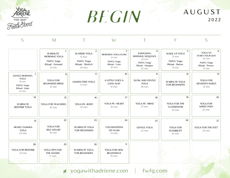 The monthly Yoga With Adriene/FWFG Yoga calendar